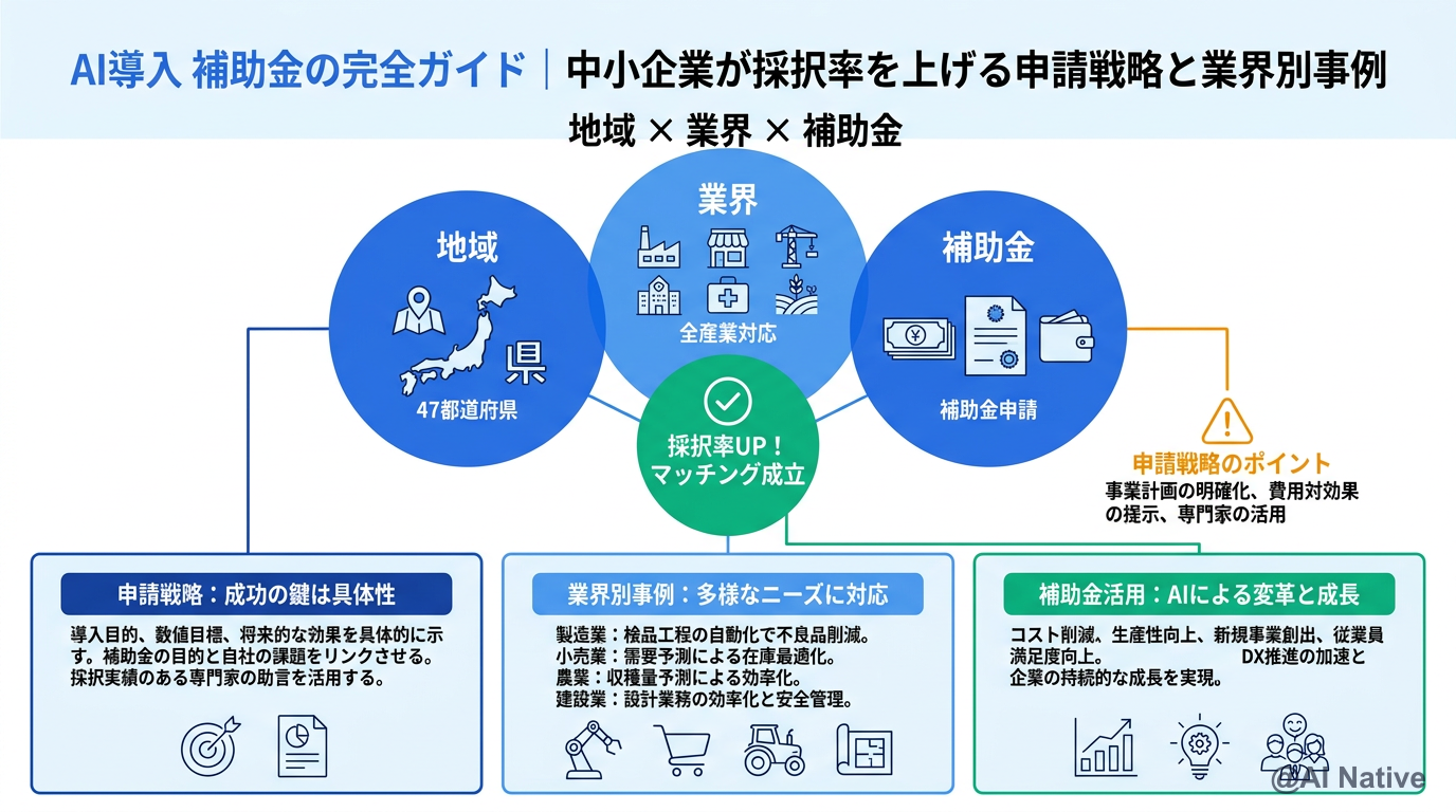 AI 導入で使える主要 3 補助金の補助率と上限額の比較イメージ
