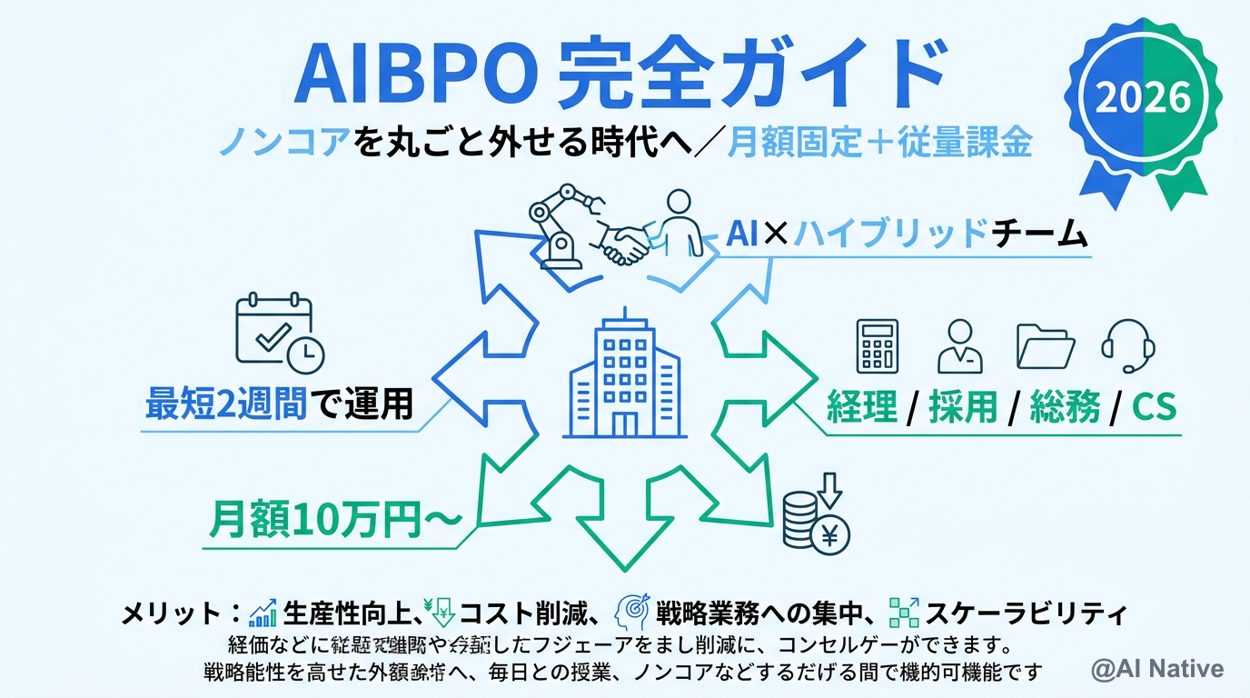 AIBPO 完全ガイド 2026 — ノンコアを丸ごと外せる時代へ／月額固定 + 従量課金で経理・採用・総務を一括受託