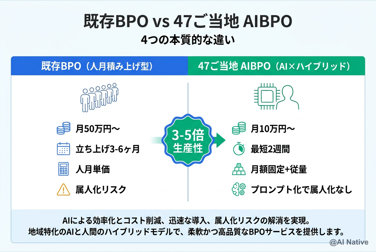 既存BPO vs 47ご当地AIBPO 比較 — 生産性3-5倍／月額固定+従量／即日切替／属人化なし