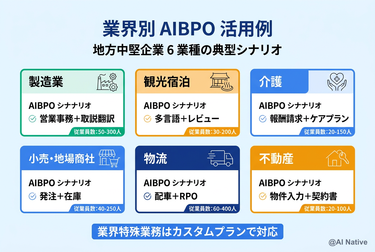 業界別 AIBPO 活用例 — 製造／観光宿泊／介護／小売／物流／不動産の代表的な受託業務