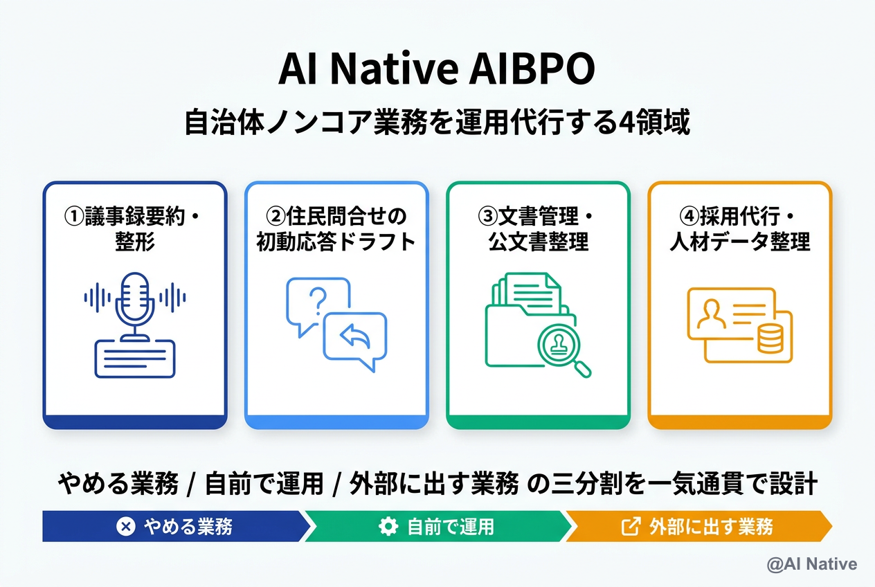 AI Native AIBPO ─ 議事録/住民対応/文書管理/採用代行で自治体ノンコア業務を運用代行