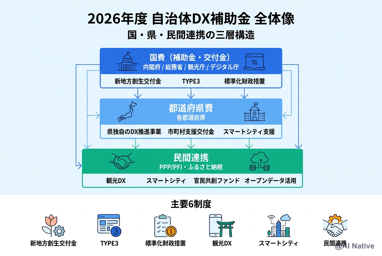 2026年度 自治体DX補助金 全体像 ─ 国・県・民間連携の三層構造と主要6制度の概観