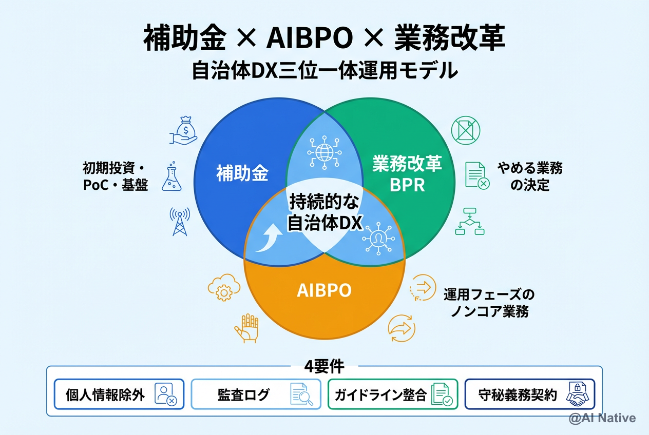 補助金 × AIBPO × 業務改革 ─ 自治体DX三位一体運用モデル