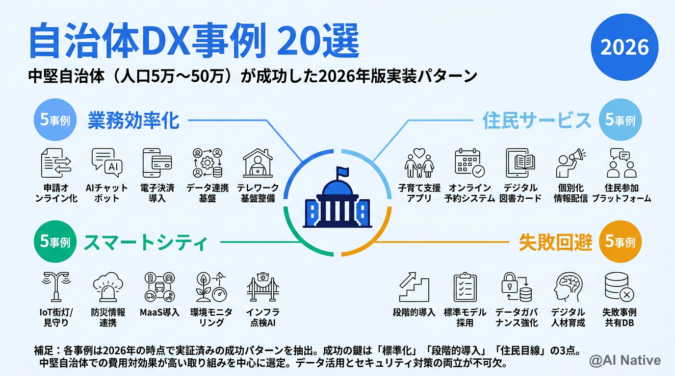 自治体DX事例 20選 ─ 中堅自治体（人口5万〜50万）が成功した2026年版実装パターン