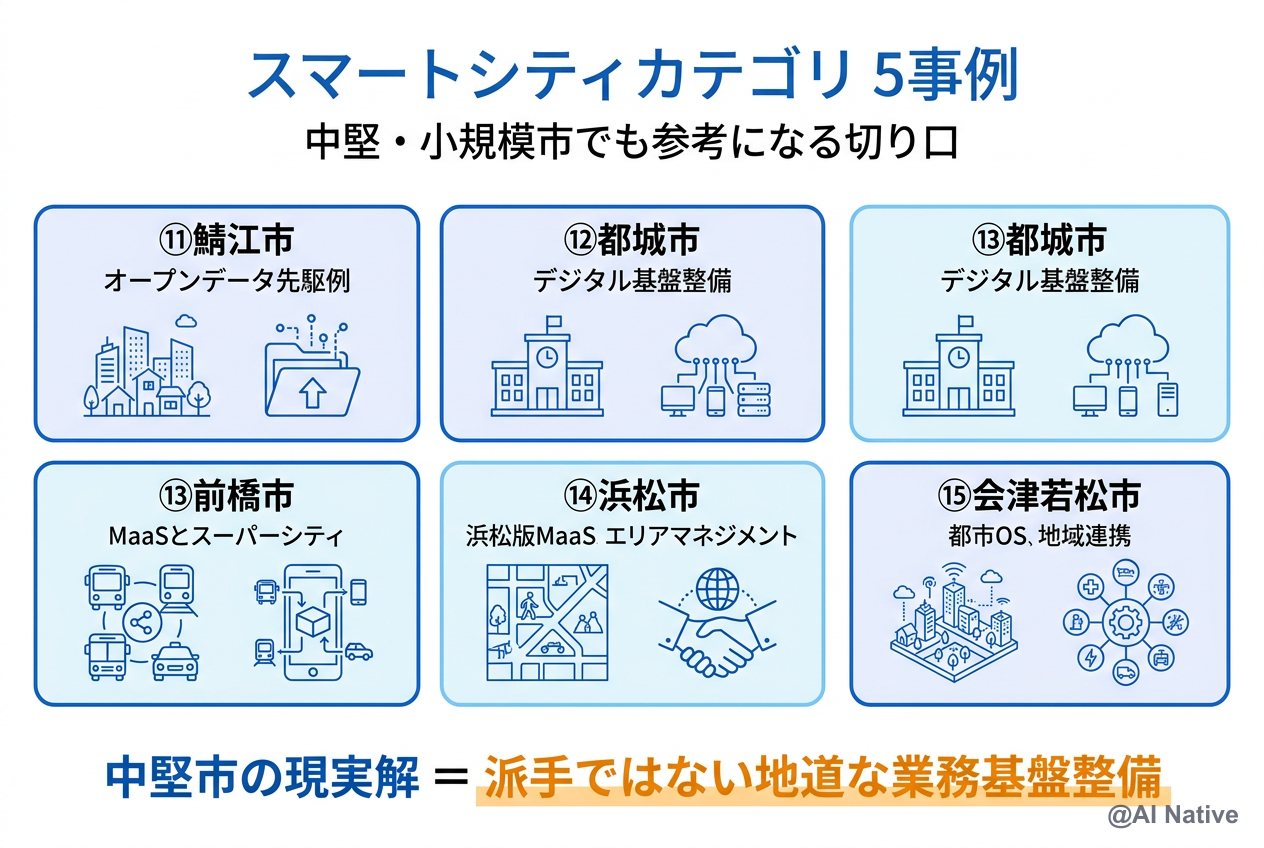 スマートシティカテゴリ 5事例 ─ 鯖江・都城・前橋・浜松・つくば・会津若松・高松の公開実例
