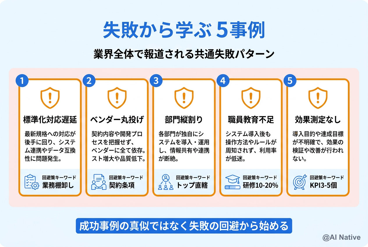 失敗から学ぶ 5事例 ─ 標準化遅延 / ベンダー丸投げ / 部門縦割り / 職員教育不足 / 効果測定なし