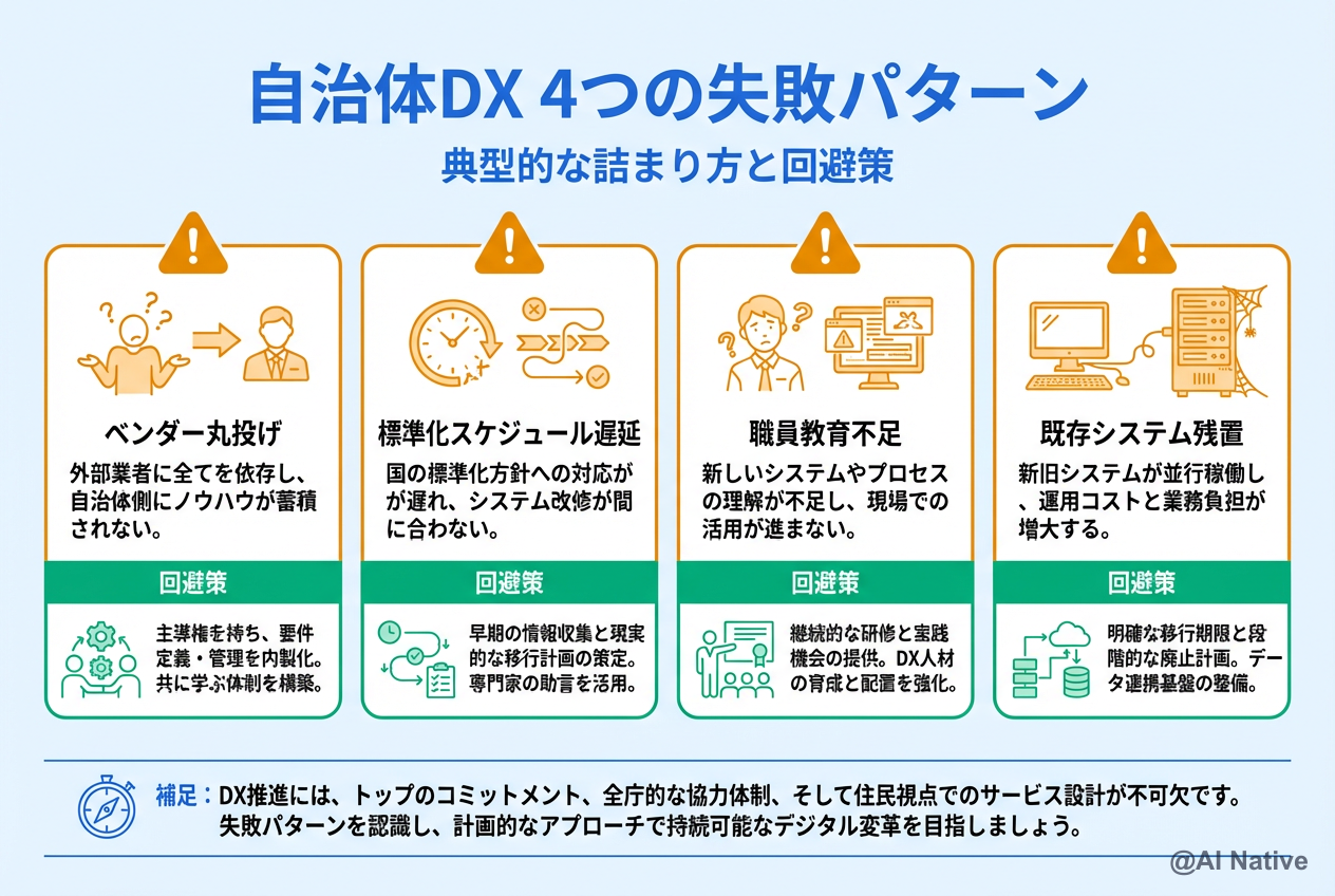自治体DX 4つの失敗パターンと回避策 — ベンダー丸投げ・標準化遅延・職員教育不足・既存システム残置