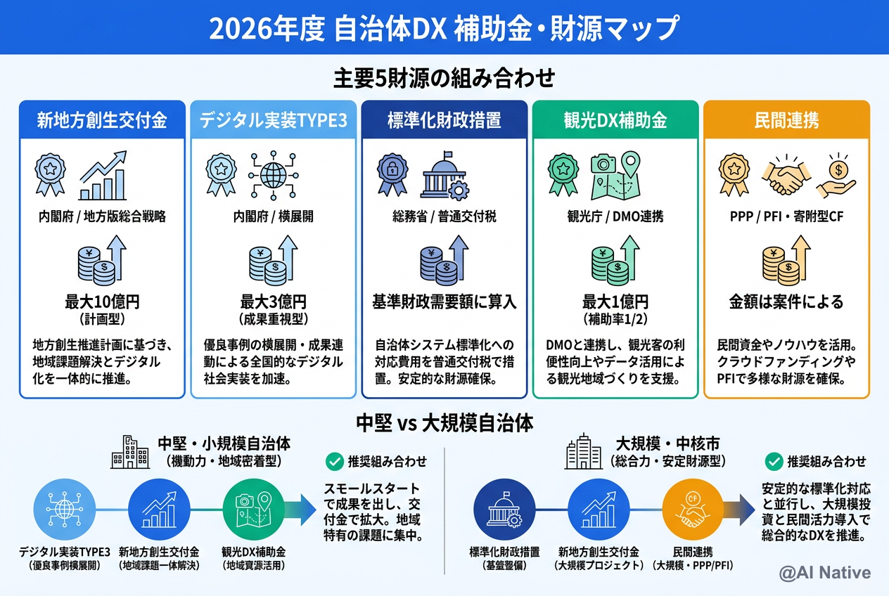 自治体DX推進計画4.0 補助金・財源マップ — 新地方創生交付金・デジタル実装TYPE3・普通交付税・観光DX補助金