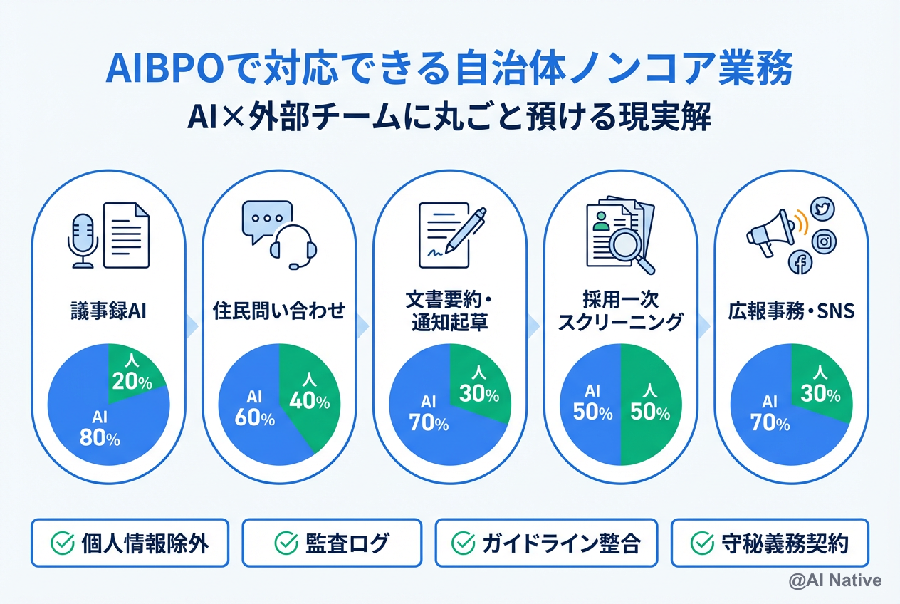 自治体ノンコア業務とAIBPO適用領域 — 議事録AI・住民問い合わせ・文書要約・採用代行